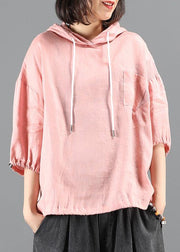 diy pink Blouse Neckline hooded half sleeve shirts - SooLinen