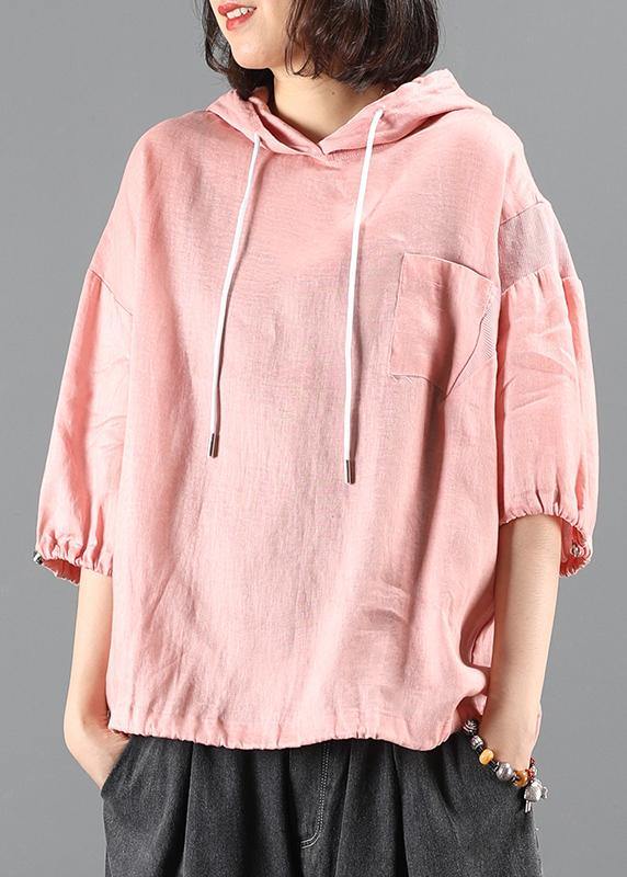 diy pink Blouse Neckline hooded half sleeve shirts - SooLinen