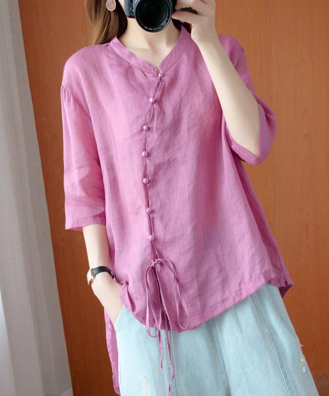 diy pink clothes For Women stand collar asymmetric blouse - SooLinen