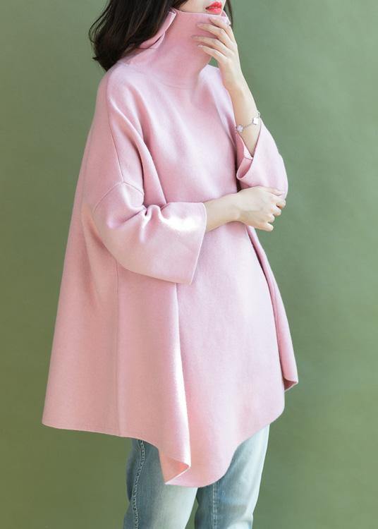 diy pink shirts asymmetric hem wool high neck blouse - SooLinen