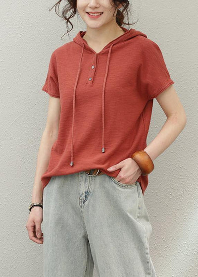 diy red cotton Shirts hooded oversized summer tops - SooLinen