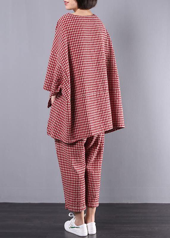 Casual Plus Size Cotton Linen red Plaid Vintage Blouse And Pants Set(Limited Stock) - SooLinen