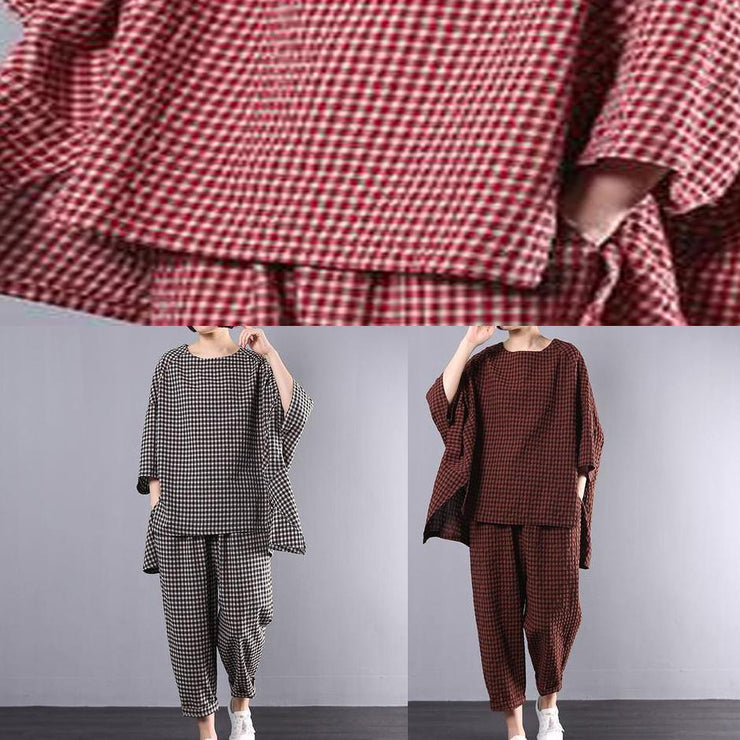 Casual Plus Size Cotton Linen red Plaid Vintage Blouse And Pants Set(Limited Stock) - SooLinen