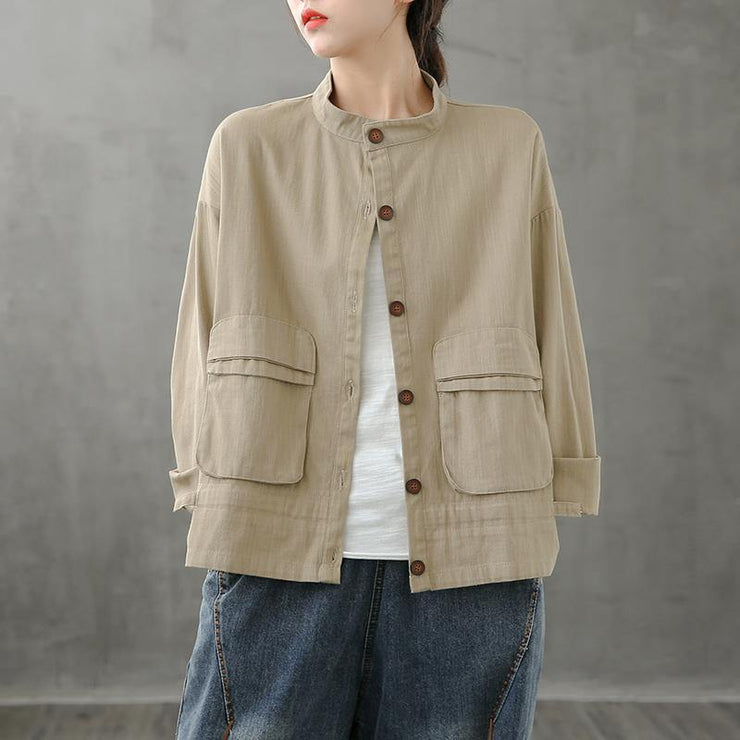diy stand collar pockets Fine coat khaki silhouette coat - SooLinen