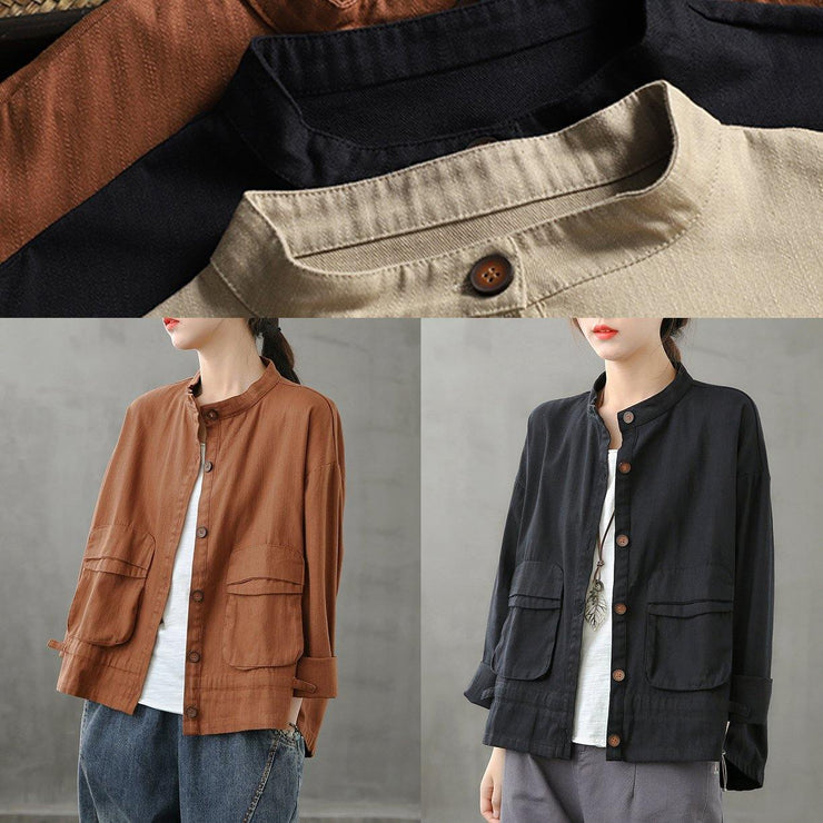 diy stand collar pockets Fine coat khaki silhouette coat - SooLinen