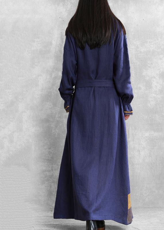 diy stand collar tie waist Plus Size tunic coat blue Midi women coats - SooLinen