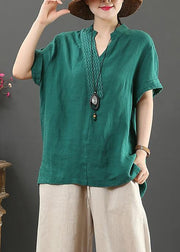 diy v neck cotton linen summer clothes green silhouette top - SooLinen