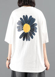 diy white Little daisy print tunics for women o neck Letter short top - SooLinen