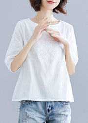 diy white cotton pattern o neck embroidery silhouette summer tops - SooLinen