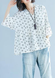 diy white print cotton Blouse Korea Batwing Sleeve v neck tunic Summer shirt - SooLinen
