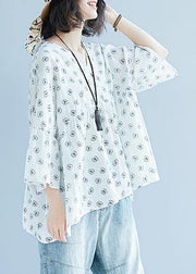diy white print cotton Blouse Korea Batwing Sleeve v neck tunic Summer shirt - SooLinen