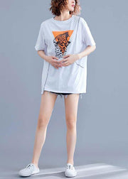 diy white print cotton clothes For Women o neck summer tops - SooLinen