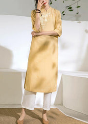 diy yellow linen dress stand collar embroidery shift summer Dress - SooLinen