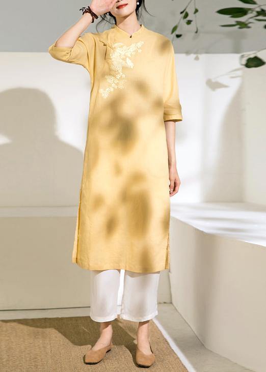 diy yellow linen dress stand collar embroidery shift summer Dress - SooLinen