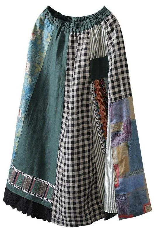Casual 100% linen A-line skirt with irregular print stitching