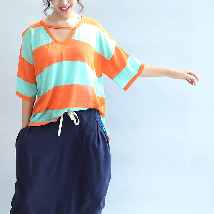 Herbst 2021 blau-orange Patchwork-Baumwollbluse plus T-Shirt mit V-Ausschnitt in Übergröße