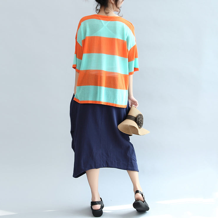 Herbst 2021 blau-orange Patchwork-Baumwollbluse plus T-Shirt mit V-Ausschnitt in Übergröße