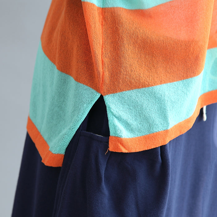 fall 2024 blue orange patchwork cotton blouse plus size v neck t shirt