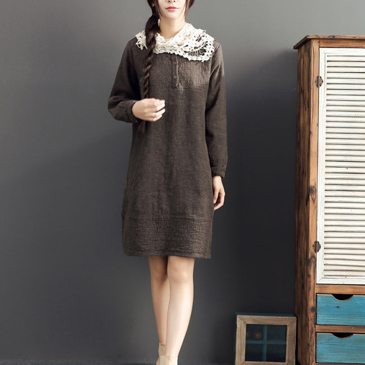 Herbst 2021 Baumwolle warme Kleider Oversize O-Ausschnitt Leinen Freizeitkleider