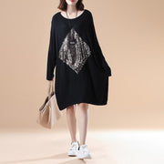fall fashion black solid cotton dresses oversize long sleeve prints dress