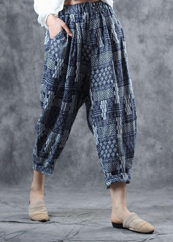 fall new blue prints women pants linen blended elastic waist harem pants - SooLinen