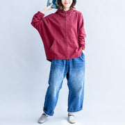 Herbst neue rote lässige Baumwoll-Short-Outwear-Rückendruck-Oversize-Kapuzenjacke mit Reißverschluss