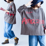 Herbst warmes, lässiges, graues Baumwollstickerei-Alphabet-Pullover, übergroßes T-Shirt mit O-Ausschnitt