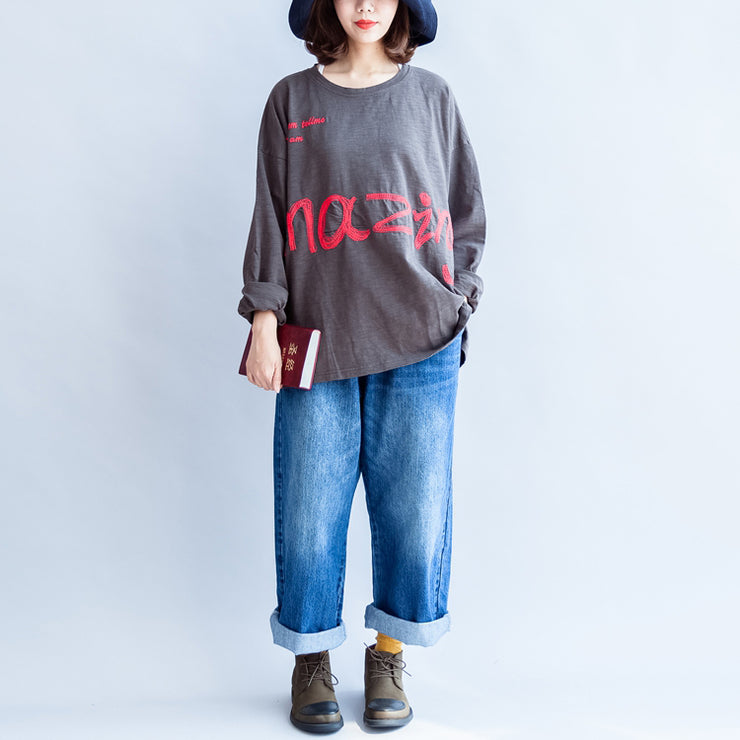 fall warm casual gray cotton embroidery alphabet pullover oversize o neck t shirt
