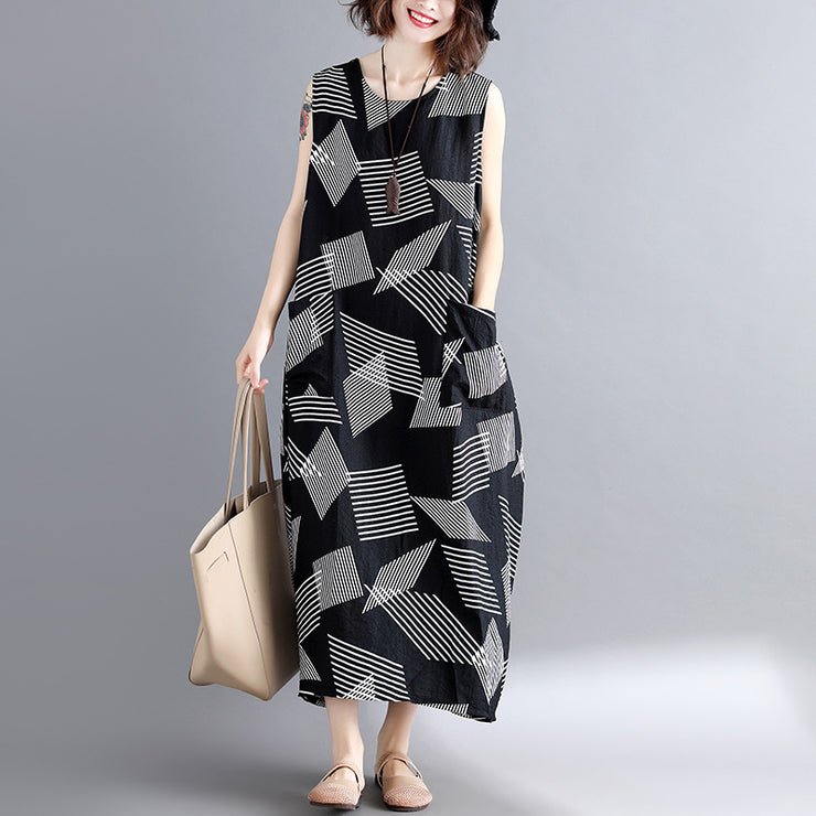 Mode Geometrisches Baumwoll-Leinen-Kleid Locker sitzende Kurzarm-Baggy-Kleider Lange Kleider Elegante Kaftane mit O-Ausschnitt