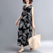 Mode Geometrisches Baumwoll-Leinen-Kleid Locker sitzende Kurzarm-Baggy-Kleider Lange Kleider Elegante Kaftane mit O-Ausschnitt