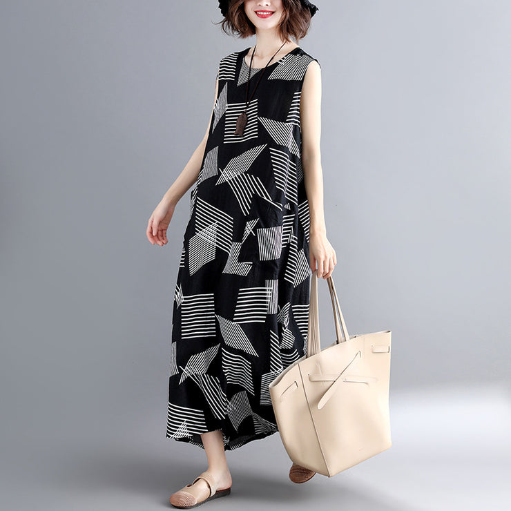fashion Geometric cotton linen dress Loose fitting short sleeve baggy dresses long dresses Elegant o neck caftans