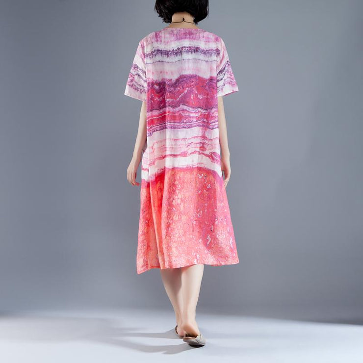 Mode Ramie Kleider Übergröße Kurzarm Taschen Sommer Gedruckt Lässig Langes Kleid