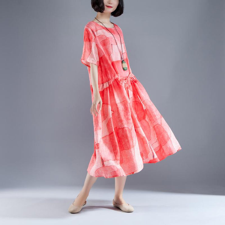 Mode Ramie Sommerkleid Locker sitzende Kurzarm-Schnürung Sommer Plissee Casual Red Dress