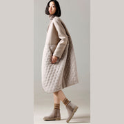 Mode beige Wollmantel mittellanger Patchwork-Mantel mit V-Ausschnitt