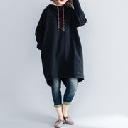 fashion black Midi cotton dresses oversized knee dresses hooded traveling clothing thick