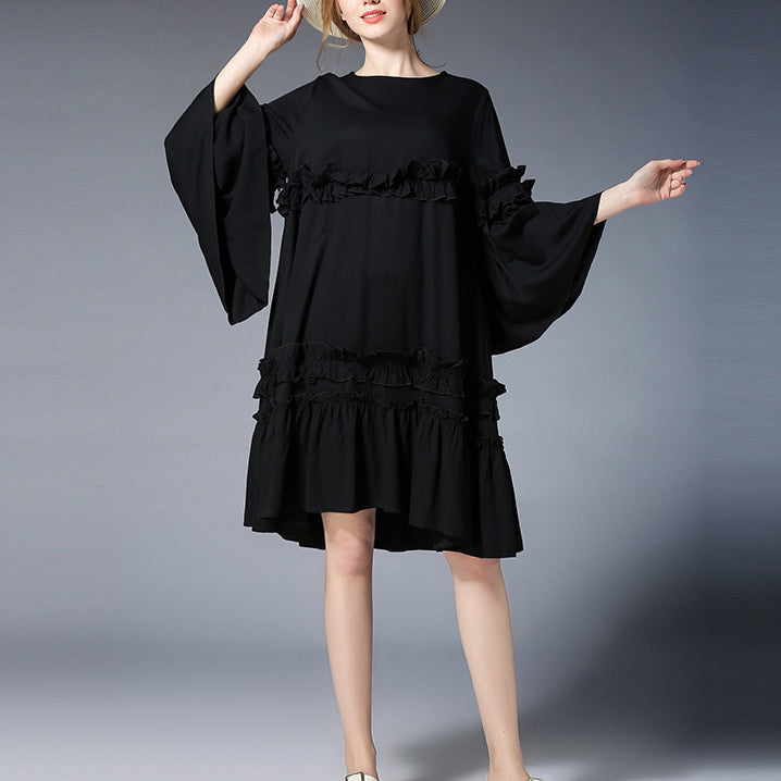 fashion black Midi-length linen dress plus size clothing linen maxi dress Elegant flare sleeve ruffles midi dress