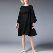 Mode schwarz Leinenkleid in Midi-Länge plus Größenkleidung Maxikleid aus Leinen Elegantes Midikleid mit ausgestellten Ärmeln und Rüschen