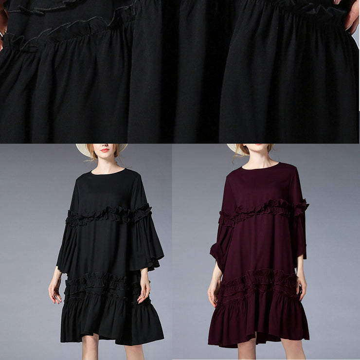 Mode schwarz Leinenkleid in Midi-Länge plus Größenkleidung Maxikleid aus Leinen Elegantes Midikleid mit ausgestellten Ärmeln und Rüschen