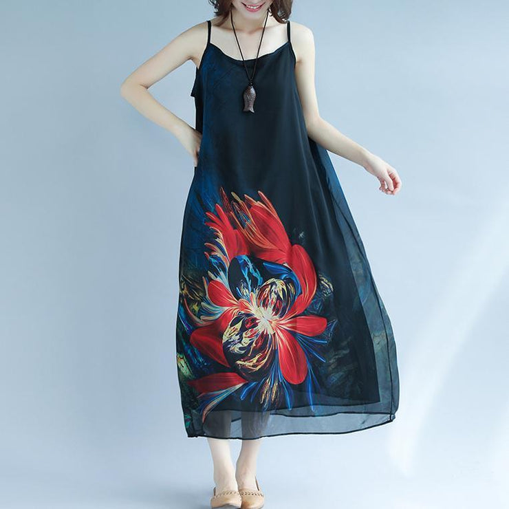 Art und Weise schwarzes Chiffon-Feiertagskleid Spaghetti-Träger bodenlangen Kleid Druck Sommerkleid