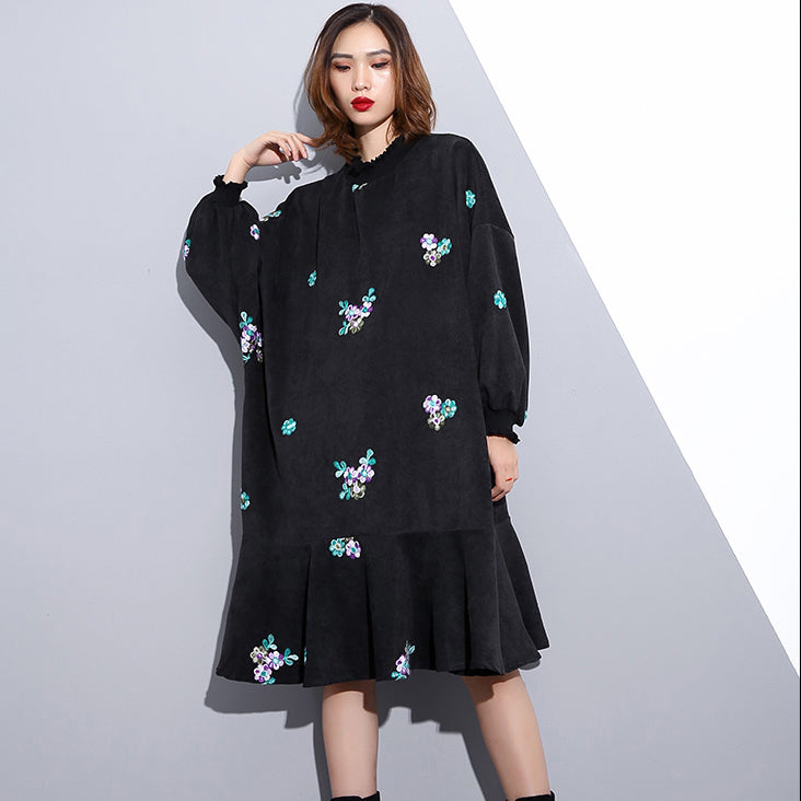 fashion black embroidery fall dress Loose fitting traveling dress Elegant Stand clothing dresses