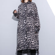 fashion black leopard plus size coat Turn-down Collar baggy coat