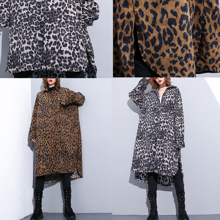 Mode schwarzer Leopard plus Größenmantel Umlegekragen Baggy Coat