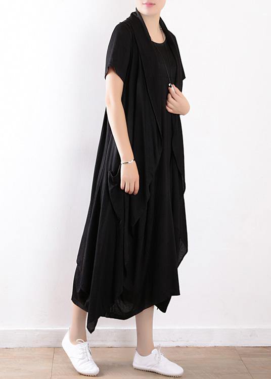 fashion black linen cotton short sleeve dresses and sleeveless coat two pieces - SooLinen
