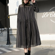 fashion black long tulle dress plus size striped cotton caftans New stand collar maxi dresses