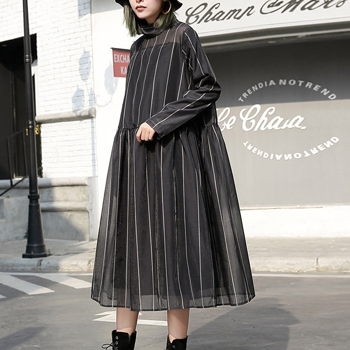 Mode schwarzes langes Tüllkleid plus Größe gestreifte Baumwollkaftane Neue Maxikleider mit Stehkragen