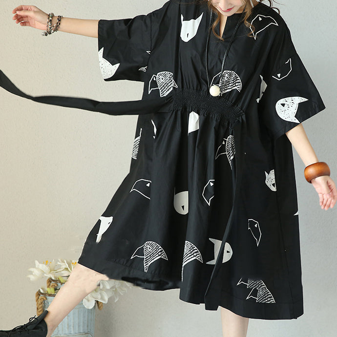 Mode schwarzes natürliches Baumwollkleid plus Größenkleidung Krawatte Taille Cinched Reisekleidung Frauen V-Ausschnitt Baumwollkaftane