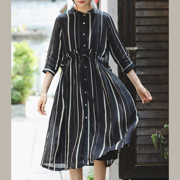 fashion black striped long linen dress trendy plus size o neck large hem linen clothing dresses women Three Quarter sleeve tie waist maxi dresses