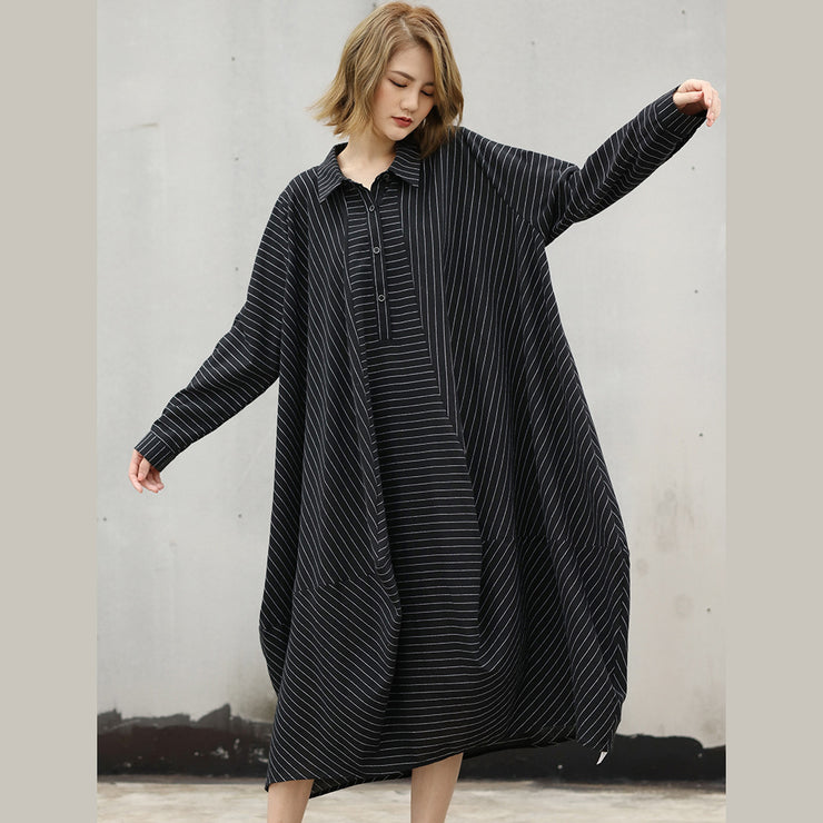 Mode schwarz gestreiftes Kleid aus natürlicher Baumwolle trendy plus Größe Umlegekragen Damen asymmetrisches Design Kaftane