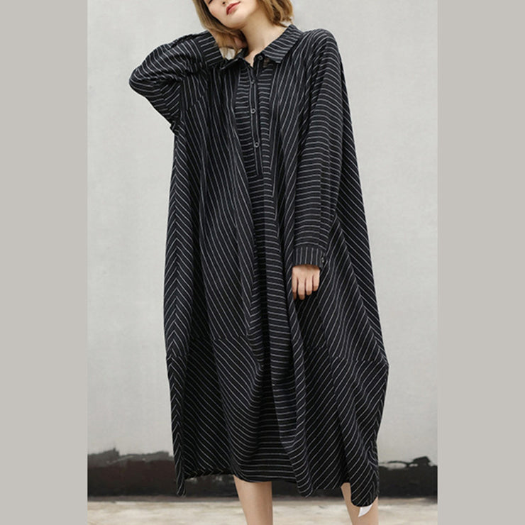 Mode schwarz gestreiftes Kleid aus natürlicher Baumwolle trendy plus Größe Umlegekragen Damen asymmetrisches Design Kaftane
