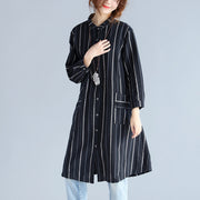 Art und Weise schwarzes gestreiftes reines Baumwollleinenkleid Neue lange Hülsentaschen Turn-down-Kragen-Kniekleider